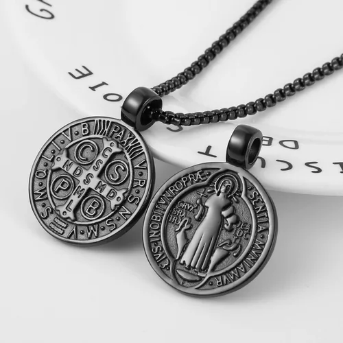 Miniatura 5 de Collar con colgante de exorcismo de San Benito para hombre, acero inoxidable, cruz católica, protección de demonios, cazador de fantasmas (CSPB)