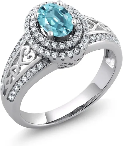Miniatura 20 de Anillo de compromiso con halo de piedra preciosa y piedra natal en plata chapada en oro amarillo de 18 quilates, ovalado, 0.236 x 0.157 pulgadas