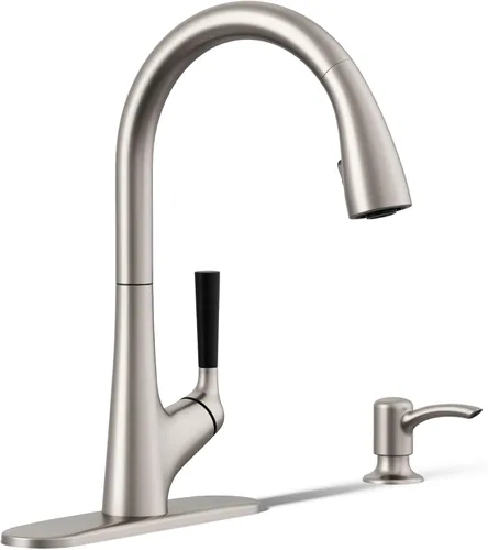 Kohler K-R562-SD-VS Llave para cocina, funciona hacia abajo. Viene con despachador de jabón o loción. Hecha de inoxidable brilloso