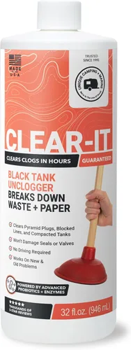 Unique Clear-It RV Tanque Negro Desatascador Líquido - Rompe a Través de Tapones de Pirámide, Tanques Compactados y Tuberías Obstruidas (946 ml)