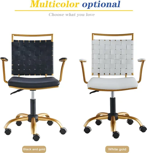 Miniatura 5 de Cómoda silla de oficina con respaldo medio, silla de escritorio de cuero dorado y negro con respaldo tejido y cojín grueso, silla giratoria