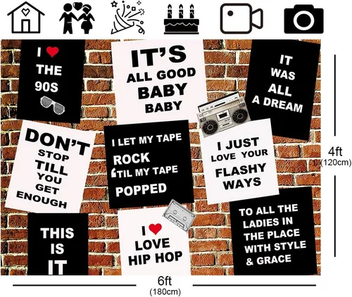 Miniatura 4 de Fondo de pared de ladrillo rojo de los años 90, tema de regreso a los 90, telón de fondo de fiesta de música, hip hop, graffiti blanco y negro