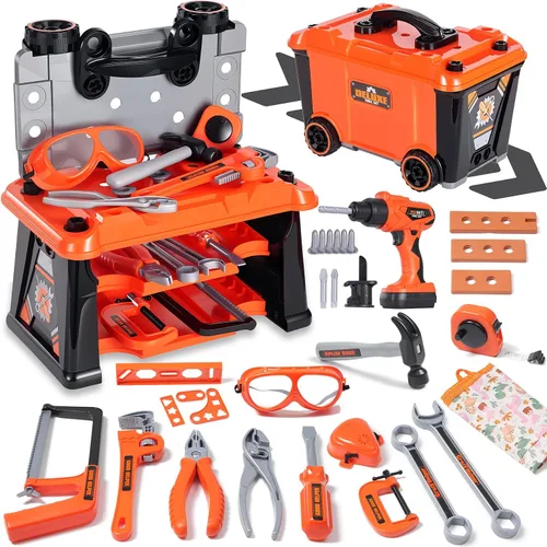 Miniatura 10 de REXBETI Banco de trabajo para niños con taladro eléctrico realista y caja de herramientas, kits de construcción de banco de trabajo para niños