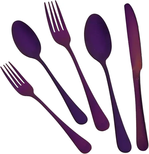 JASHII Juego de cubiertos de 20 piezas con acabado satinado, servicio para 4, juego de cubiertos de titanio, juego de utensilios de color morado
