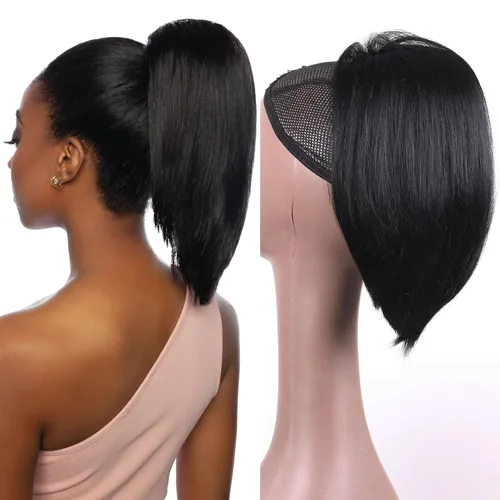 Miniatura 12 de Extensión de cola de caballo de cabello humano de 12 pulgadas con cordón rizado profundo para mujeres negras, extensión rizada 3C, color negro