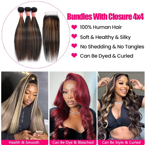 Miniatura 6 de Extensiones de cabello humano marrón con reflejos de Haha con cierre, extensiones lisas con cierre ombre, extensiones de cabello humano con cierre