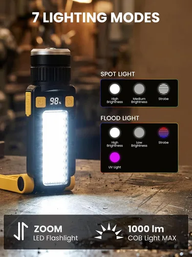 Miniatura 7 de Luz de trabajo magnética LED recargable, luces de trabajo portátiles, 7 modos de linterna con gancho giratorio de 360° y mosquetón, carga USB