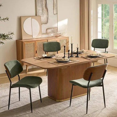 Miniatura 8 de HULALA HOME Juego de 2 sillas de comedor tapizadas modernas de mediados de siglo con respaldo curvado de madera, patas de metal negro, silla de cena