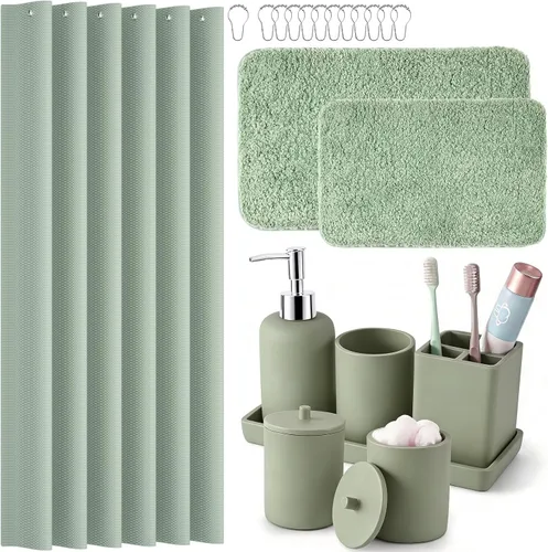 Miniatura 20 de Juego de baño de resina de 6 piezas color beige completo con soporte para cepillos de dientes, dispensador de jabón de loción, 2 dispensadores