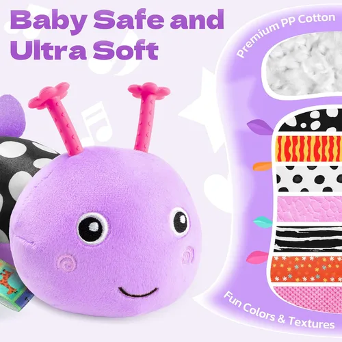 Miniatura 2 de HEMRLY Juguetes Sensoriales para Bebés de 0 a 6 Meses, Oruga Musical de Peluche con Mordedor, Papel Crujiente, Sonajero, Espejo para Bebé para Morado