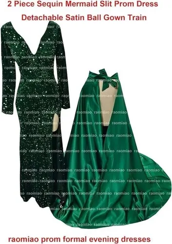 Miniatura 9 de Vestido de fiesta de lentejuelas de manga larga con cuello en V, vestido de fiesta dividido de satén con cola desmontable, vestido de noche formal