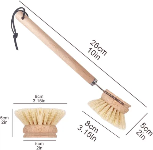 Miniatura 2 de AMERWASH PLUS Cepillo para platos con mango de madera, cepillo de cocina natural para platos, verduras, ollas y sartenes, limpiador de cerdas