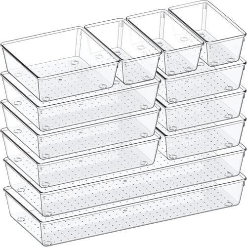 Miniatura 9 de Juego de 12 organizadores grandes de plástico transparente para cajones, organizador de baño acrílico, bandejas divisoras, organizadores de cocina