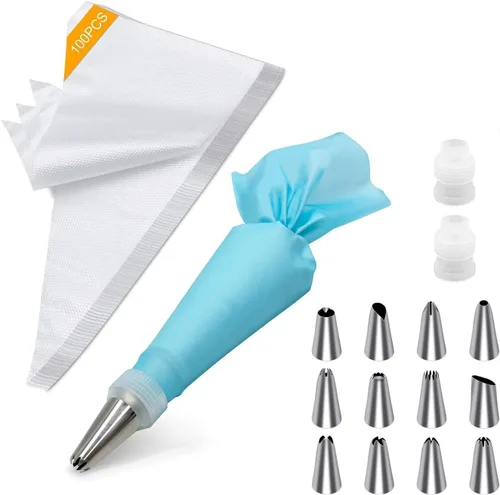 Tamodan Bolsas y puntas, bolsas de pastelería y puntas adecuadas para principiantes, incluidas 100 bolsas de tuberías desechables de 16 pulgadas con