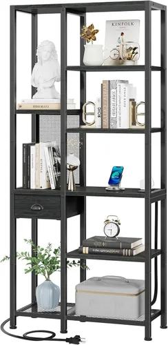 Furologee Estantería de 6 niveles con puertos USB y toma de corriente, estante para libros con estación de carga, estantería con cajón, estantes de