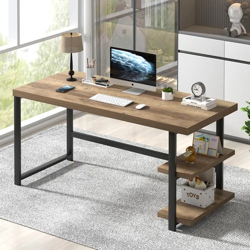 Miniatura 11 de FOLUBAN Escritorio para computadora de 47 pulgadas, escritorio pequeño para el hogar y oficina con estantes de almacenamiento, mesa de estudio, Nogal