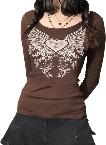 Harajuku Aesthetic Floral Long Sleeve Crop Tops V Neck Retro Gothic Y2K T Shirts Vintage Autumn Fall Winter Streetwear