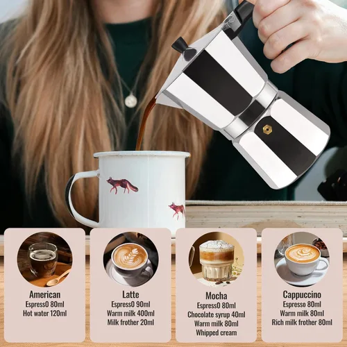 Miniatura 7 de Cafetera clásica de aluminio para 3 tazas, cafetera espresso de 5.1 fl oz, 5 onzas, cafetera de moca, olla greca, cafetera para café italiano y Azul