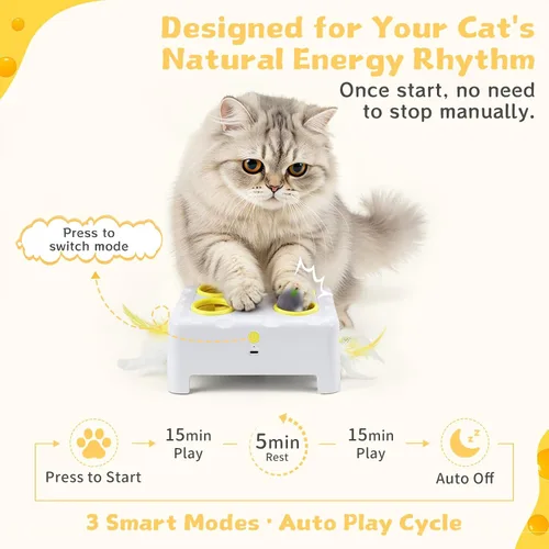 Miniatura 4 de Caja de queso interactivo para gatos de interior, juguete de plumas 3 en 1, juguete de plumas de topo, 3 modos de juguetes recargables para gatos