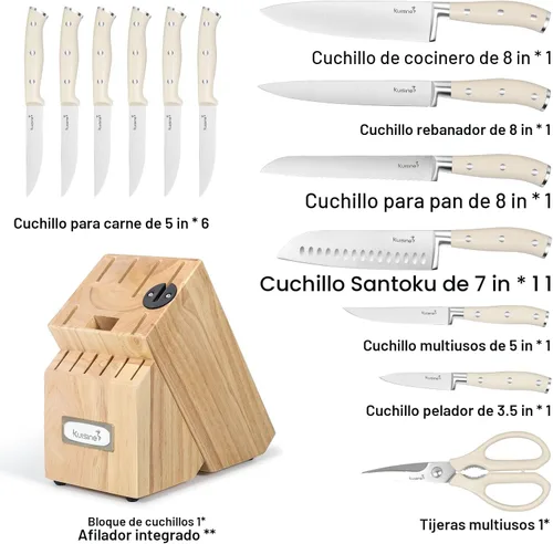 Miniatura 2 de Juego de cuchillos de chef Kuisine, juego de cuchillos de acero inoxidable de alto carbono afilados con mango ergonómico, juego de bloques de Blanco