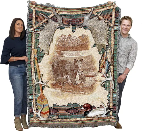 Pure Country Weavers - Manta tejida con flecos, decorativa / tapete, de Antler Lodge, con diseño de osos, vida silvestre, cabaña del lago, regalo,