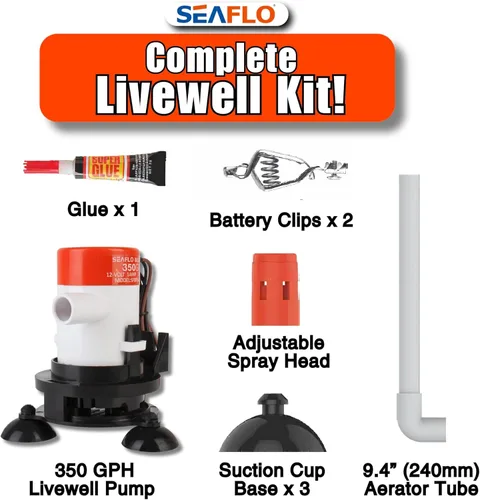 Miniatura 4 de SEAFLO Kit de bomba de aireación Livewell portátil serie 09 – 12 V, 350 GPH, sumergible, cabezal rociador ajustable, funcionamiento silencioso