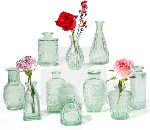 Miniatura 9 de Jarrones pequeños vintage para flores, juego de 10, jarrones mini de botones para flores, jarrones pequeños transparentes a granel para centros