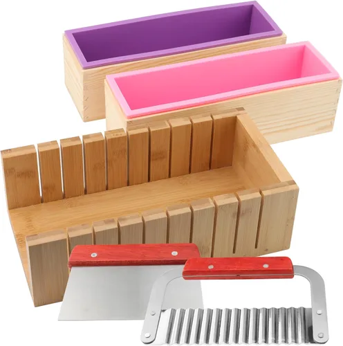 Juego de 5 moldes de silicona para jabón de 45 onzas, juego flexible de 2 moldes rectangulares para hacer jabón con 1 molde de jabón de madera, 1