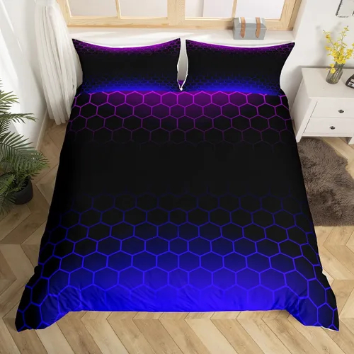 Miniatura 26 de Funda de edredón hexagonal verde estereoscópica de nido de abeja para niños, diseño geométrico de colmena, funda de edredón geométrica de panal