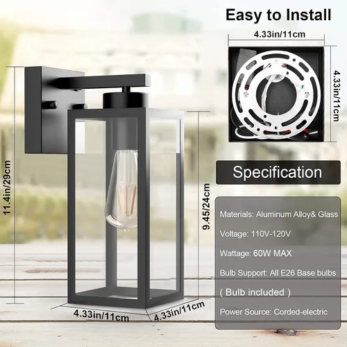 Miniatura 7 de Tipace Paquete de 2 faroles de pared para exteriores con sensor de atardecer a amanecer, accesorios de luz exterior con sensor negro mate, aplique