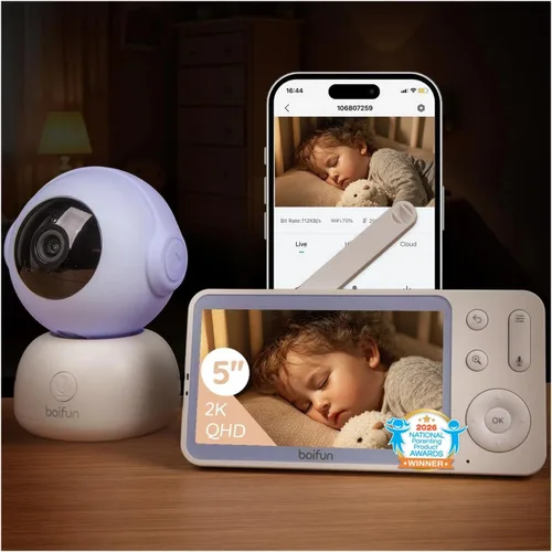BOIFUN Monitor Wi-Fi para bebés con cámara y audio, APP compatible con smartphones, visión nocturna HD 2K con pantalla de 5", seguimiento automático