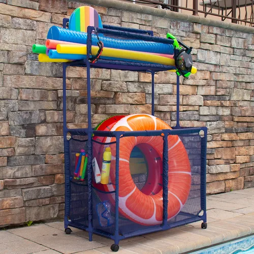 Miniatura 4 de Soporte para fideos de piscina, juguetes, flotadores, bolas y flotadores, equipo de malla rodante de doble piso, organizador de almacenamiento Azul