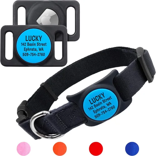GoTags Collar de perro personalizado con soporte grabado personalizado para AirTag, collar de perro ajustable, etiqueta de identificación de