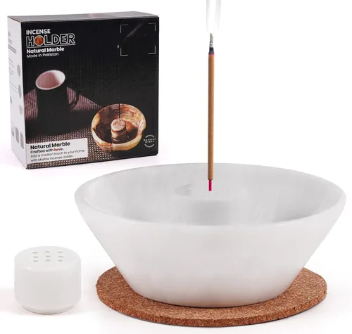 Radicaln Soporte de incienso de mármol de 5.5 pulgadas hecho a mano con canicas blancas para decoración del hogar, soporte ideal para varillas de