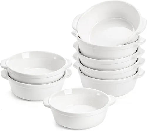 Miniatura 8 de Foraineam Paquete de 8 platos de soufflé de porcelana de 10 onzas con doble asa, juego de utensilios para hornear para pudín, crema brulee, soufflé