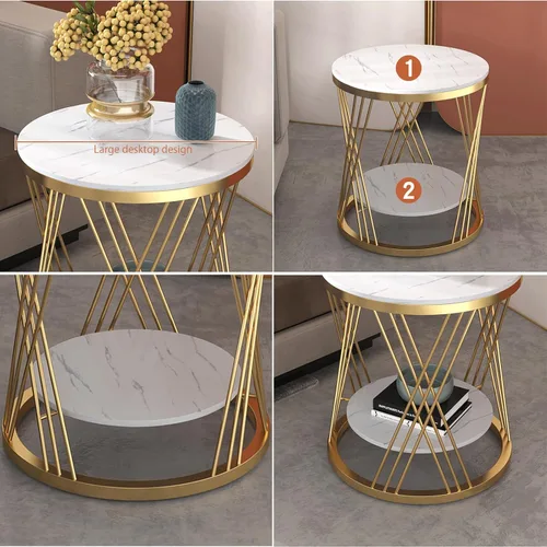 Miniatura 7 de Mesas auxiliares redondas, mesa auxiliar blanca y dorada de 2 niveles, mesita de noche moderna, mesa auxiliar pequeña con almacenamiento, mesa
