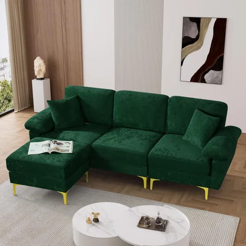 OUYESSIR Sofá modular en forma de L, sofá de terciopelo de 3 plazas con otomana y almohadas, cómodo sofá cama tapizado para sala de estar, Verde
