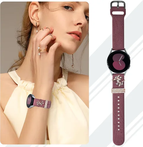 Miniatura 6 de Correas para Samsung Galaxy Watch 7/6/5/4/FE Banda 40mm 44mm con Charms, Correa de Reemplazo de Silicona con Flores Grabadas de 20mm para Mujeres
