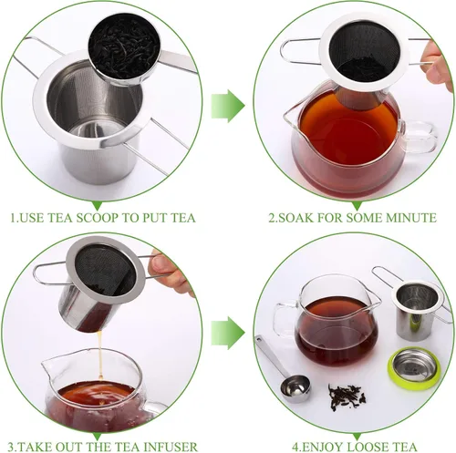 Miniatura 5 de 2 Infusores de té de acero inoxidable con mango plegable, filtro extra, filtro de malla fina, cesta de preparación con tapa para té de hojas sueltas