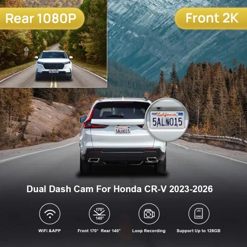 Miniatura 2 de FITCAMX Cámara de salpicadero delantera 2K+ trasera 1080P se adapta para Honda CR-V 2023-2026 híbrido (negro), estilo OEM integrado, video HD dual