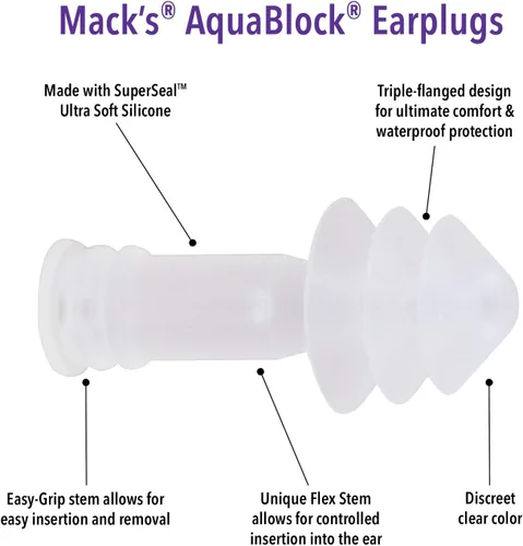 Miniatura 2 de Mack's AquaBlock - Tapones para los oídos de natación, 3 pares, impermeables, reutilizables, de silicona, para nadar, para bucear, ducharse