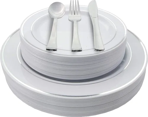 Miniatura 5 de Exquisite Juego de 200 platos y cubiertos de plástico desechables pesados para fiestas, incluye 40 platos llanos, 40 platos de postre y 40 piezas