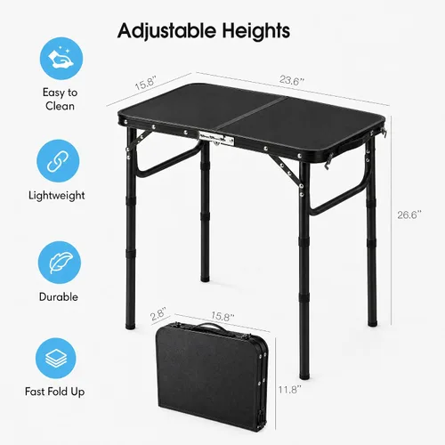 Miniatura 3 de YUFIFAIRY Mesa de campamento plegable pequeña, 24 pulgadas de largo x 16 pulgadas de ancho con patas de altura ajustable, todo negro