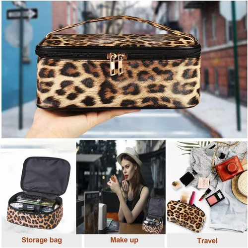 Miniatura 3 de Bolsa de maquillaje con estampado de leopardo, bolsa de cosméticos de viaje, bolsa de maquillaje portátil, organizador de brochas, bolso para mujer