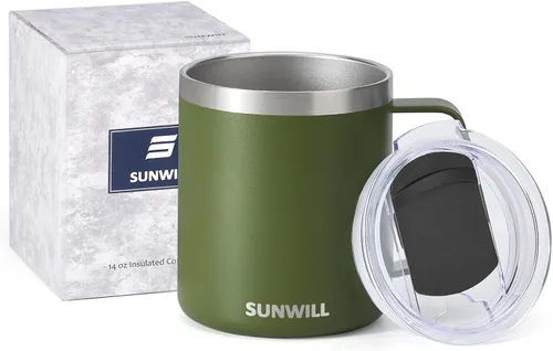 Miniatura 5 de SUNWILL - Taza de café de viaje con tapa, taza aislada con asa, taza de acero inoxidable de 14 oz para acampar, oficina, hogar, recubrimiento