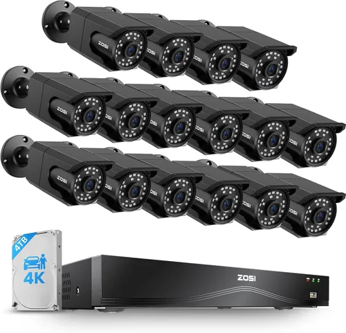 ZOSI Sistema de cámara de seguridad PoE 4K de 16 canales, cámara IP PoE de 16 x 8MP para exteriores e interiores con detección humana, visión
