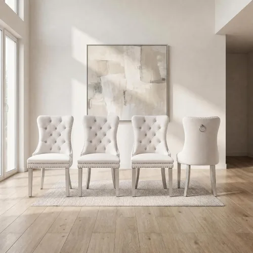 Miniatura 18 de OVENTA Juego de 4 sillas de comedor modernas tapizadas copetudas, terciopelo negro y gris y cuero con patas de madera maciza, sillas de cocina