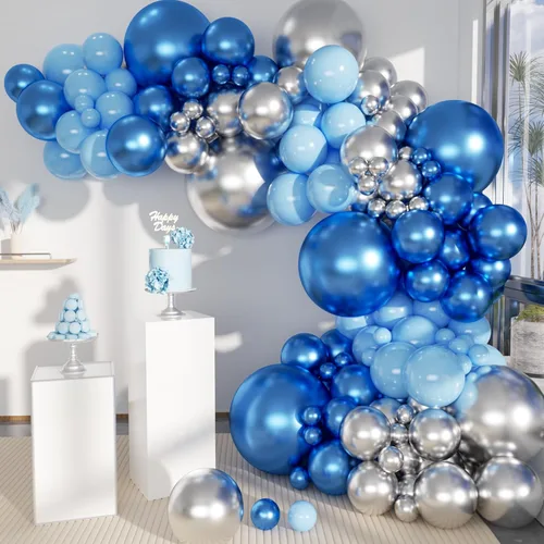 Miniatura 9 de Paquete de 140 globos de guirnalda de globos de color azul marino, plateado, azul marino, azul macarrón, para graduación, fiesta de cumpleaños, baby
