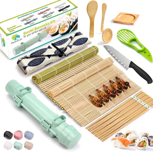 Miniatura 11 de SmileTools Kit de Fabricación de Sushi para Principiantes - Juego de 22 Piezas para Hacer Sushi con Esterilla de Bambú, Bazooka de Sushi, Cuchillo
