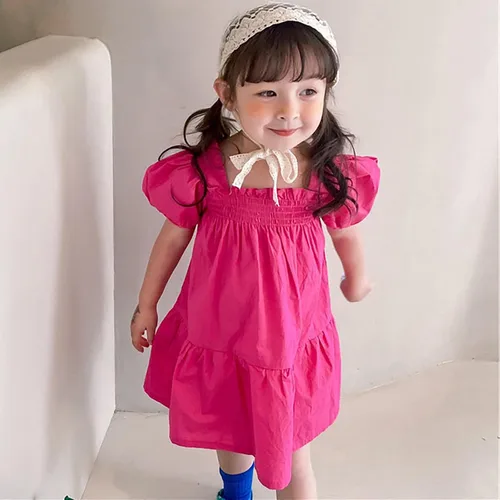 Miniatura 3 de VEFSU Toddler Kids Baby Girls Dress Puff Sleeves Solid Casual Party Ruffled Princess Dresses Infant Girl Clothes Dresses